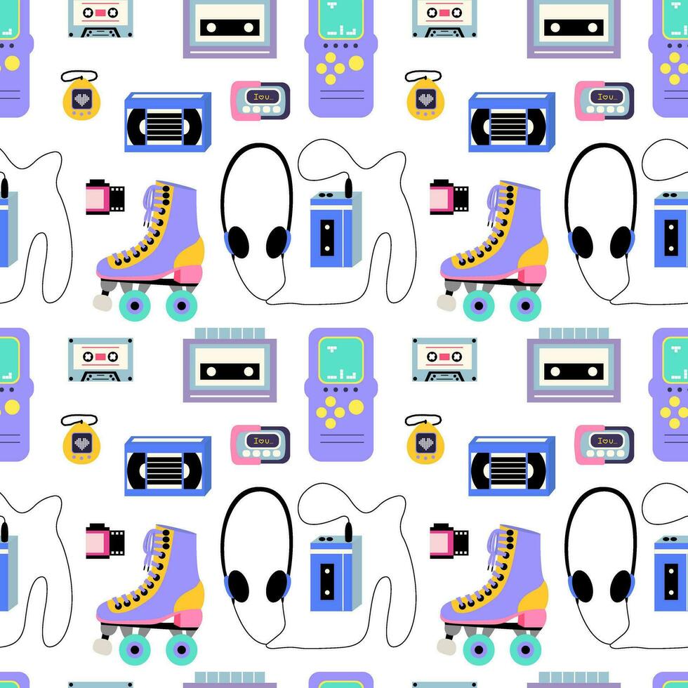 Classic 80s and 90s vector seamless pattern in flat style. Retro 90s elements pattern