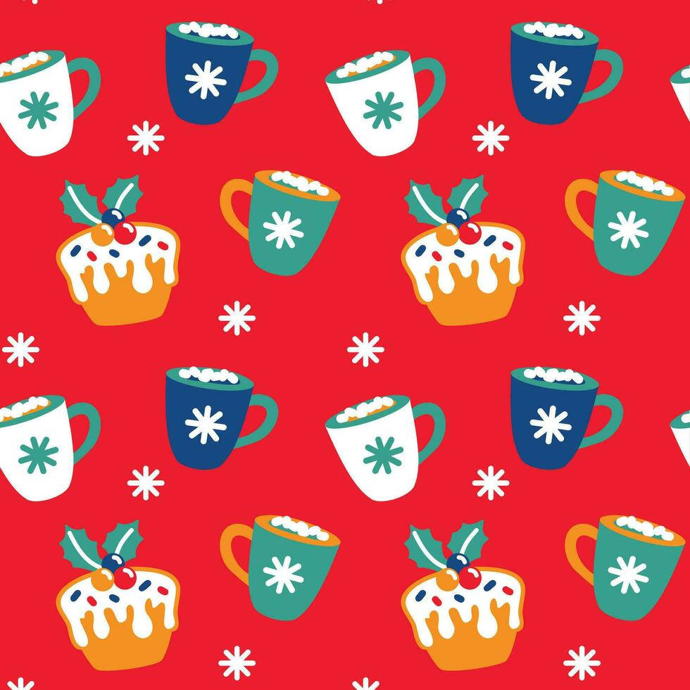 Cute Christmas cups with cocoa and marshmallows. Seamless pattern. Vector. vector