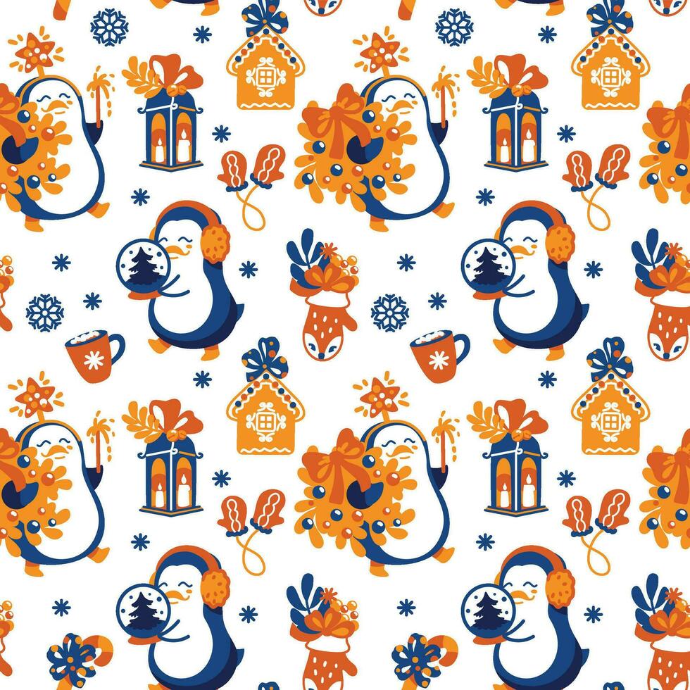 Cute penguin enjoying the Christmas routine. Seamless pattern. Vector. vector