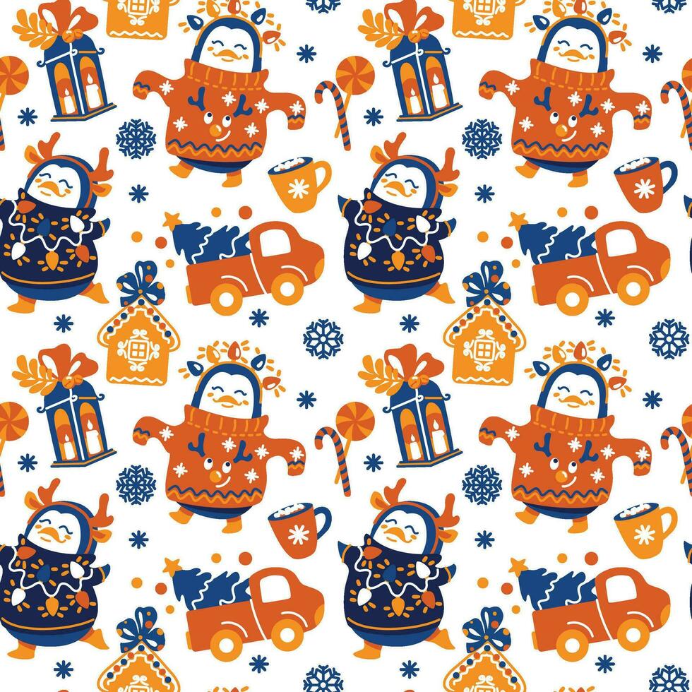 Cute penguins wearing an ugly Christmas sweaters enjoying the Christmas routine. Seamless pattern. Vector. vector