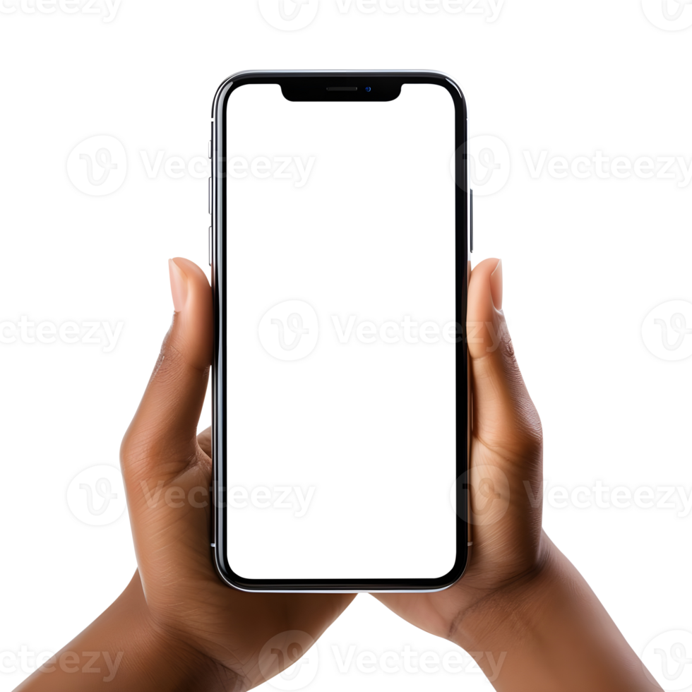 Woman hand holding the smartphone with blank screen mockup, Cutout, AI-Generated png