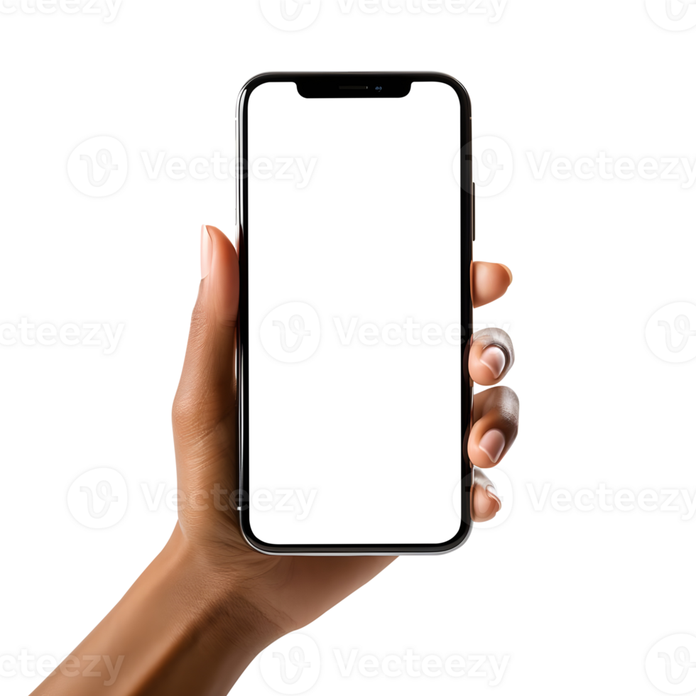 Woman hand holding the smartphone with blank screen mockup, Cutout, AI-Generated png