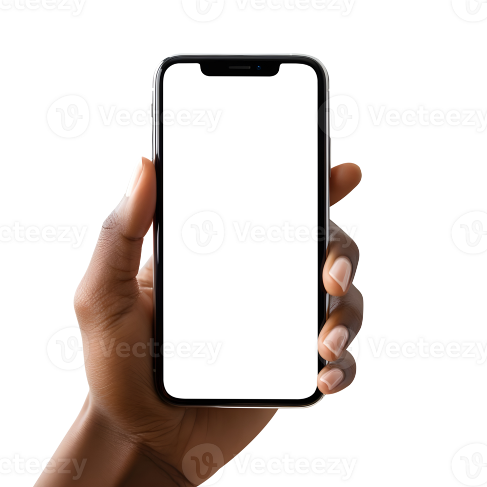 Woman hand holding the smartphone with blank screen mockup, Cutout, AI-Generated png