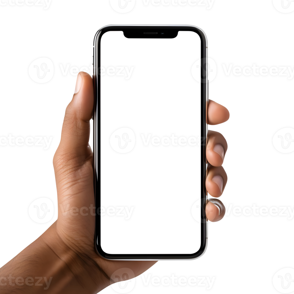 Man hand holding the smartphone with blank screen mockup, Cutout, AI-Generated png