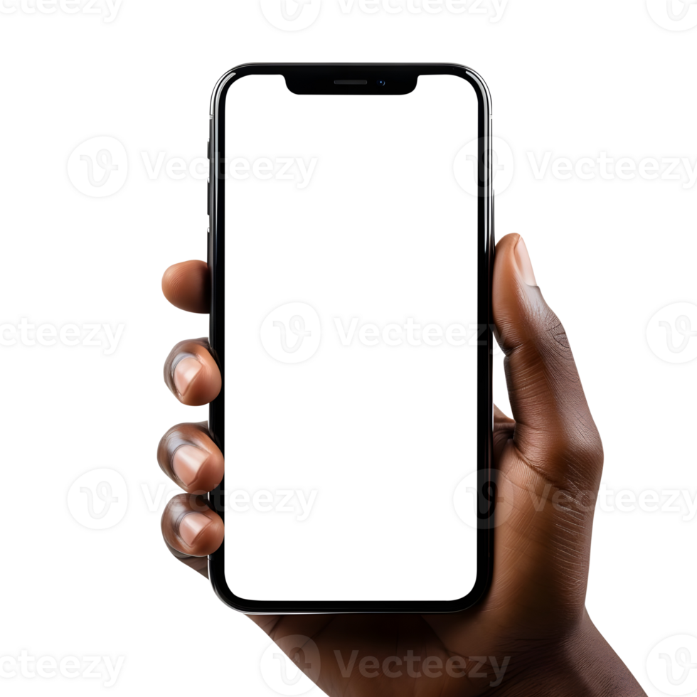 Man hand holding the smartphone with blank screen mockup, Cutout, AI-Generated png