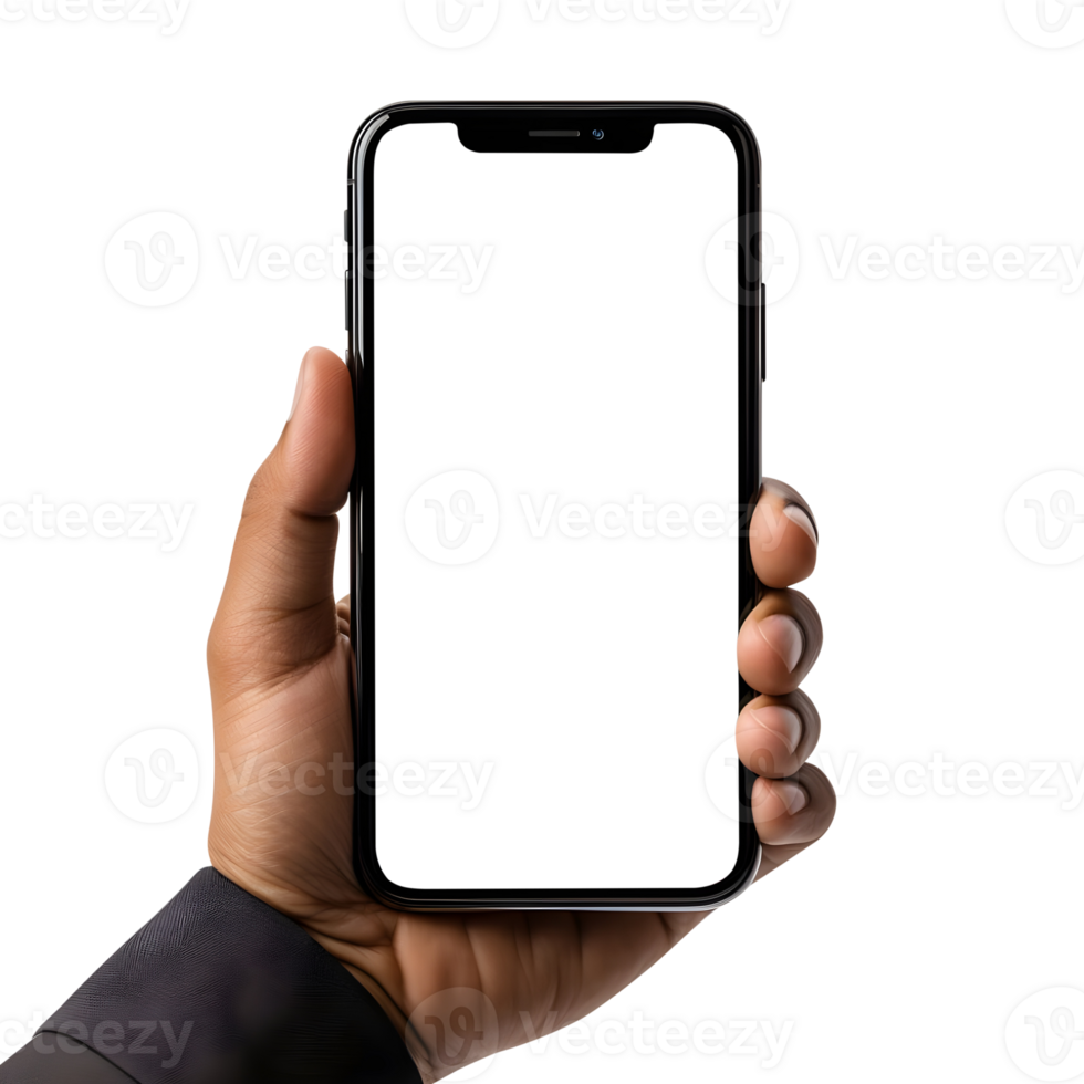 Man hand holding the smartphone with blank screen mockup, Cutout, AI-Generated png