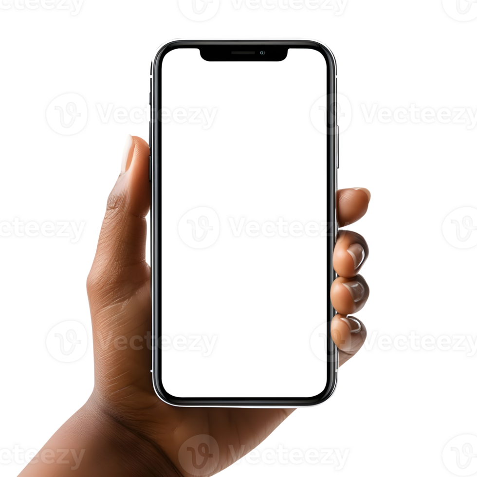 Woman hand holding the smartphone with blank screen mockup, Cutout, AI-Generated png