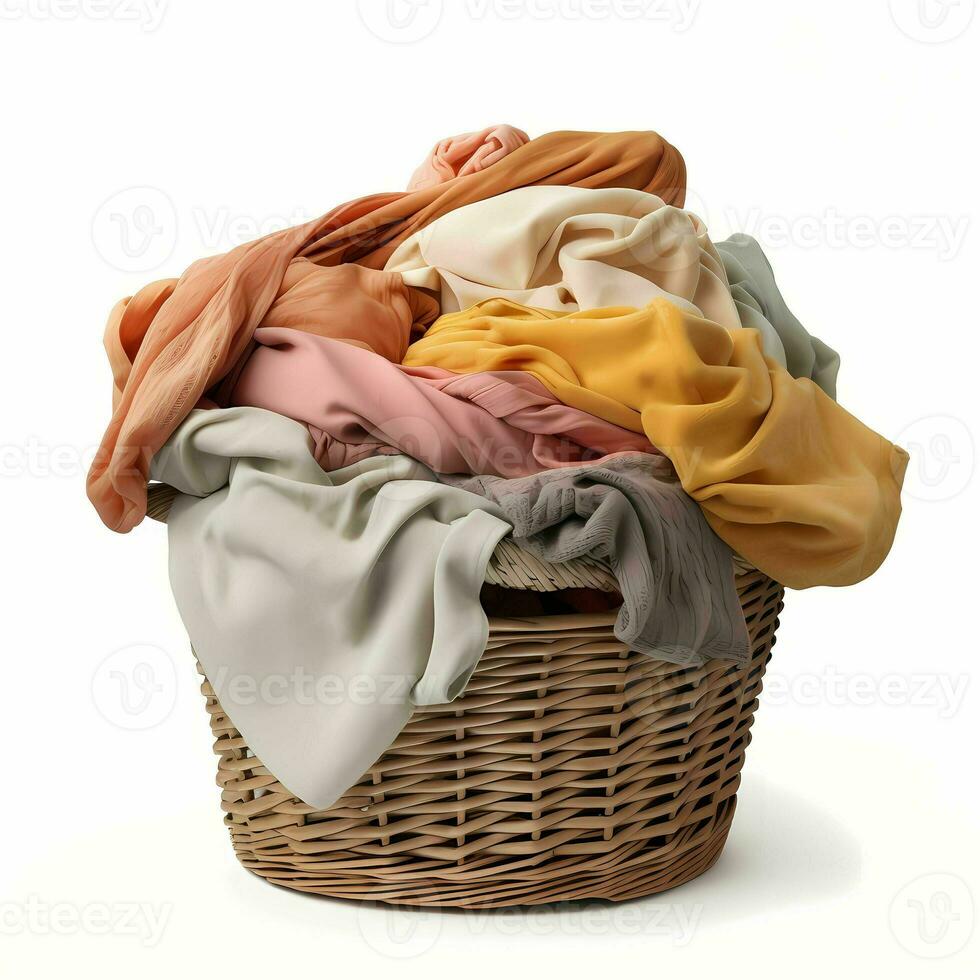 lavandería cesta con sucio ropa dentro aislado en blanco ai generativo foto