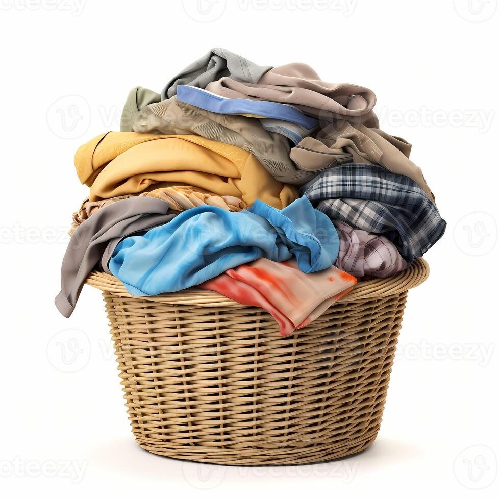 lavandería cesta con sucio ropa dentro aislado en blanco ai generativo foto