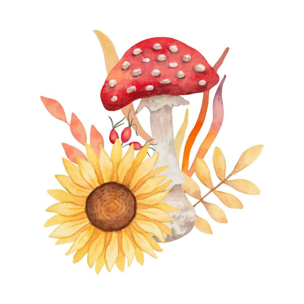 Composition of fly agaric with sunflower, rose hips and leaves. Clipart for seasonal holidays. Thanksgiving Day. Botanical watercolor forest illustration for design, print. Hand drawn isolated art vector