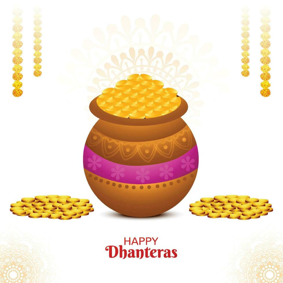 feliz celebración de dhanteras para la moneda de oro en el fondo del festival de la olla vector