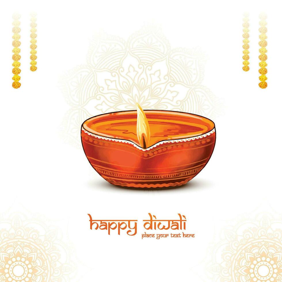 Happy diwali greeting card with watercolor diya background vector