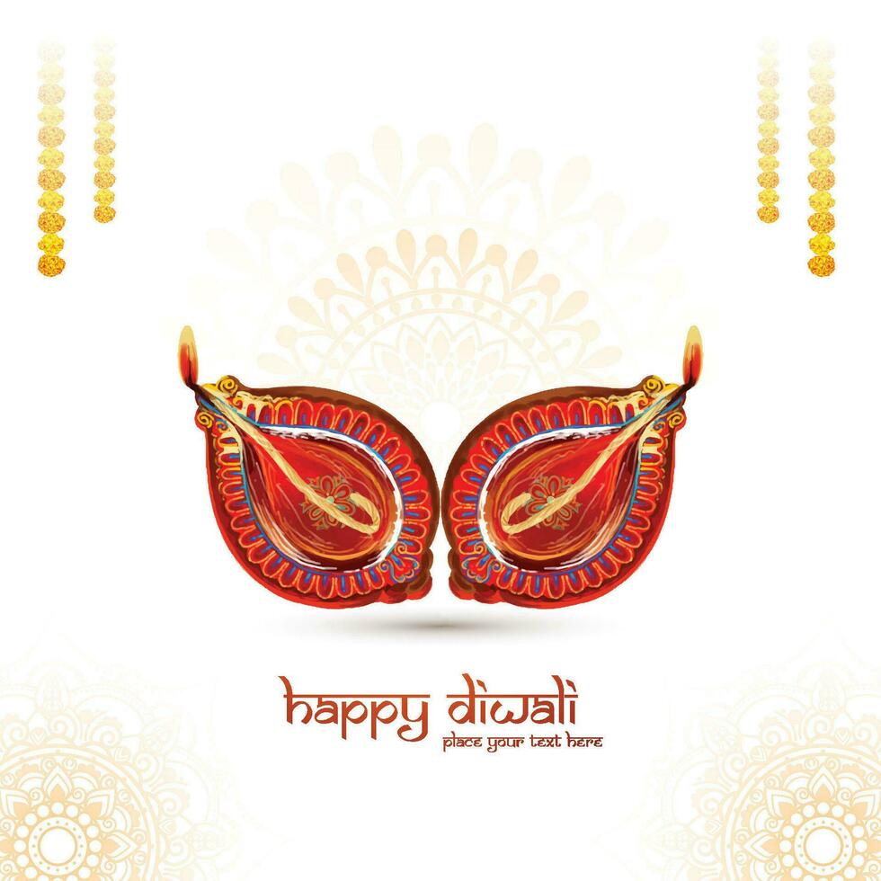 Illustration of watercolor burning diya on happy diwali celebration background vector