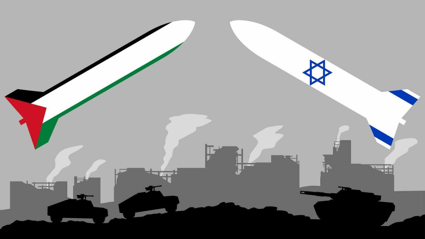 palestino israelí conflicto vector ilustración. Palestina y Israel cohete en destruido ciudad ilustración. paisaje ilustración de guerra para social asuntos, noticias, invasión y terrorismo