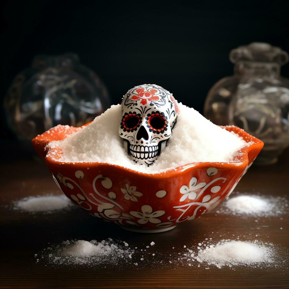 Bowl of salt mexican dia de muertos day of the dead watercolor pattern, AI Generated photo