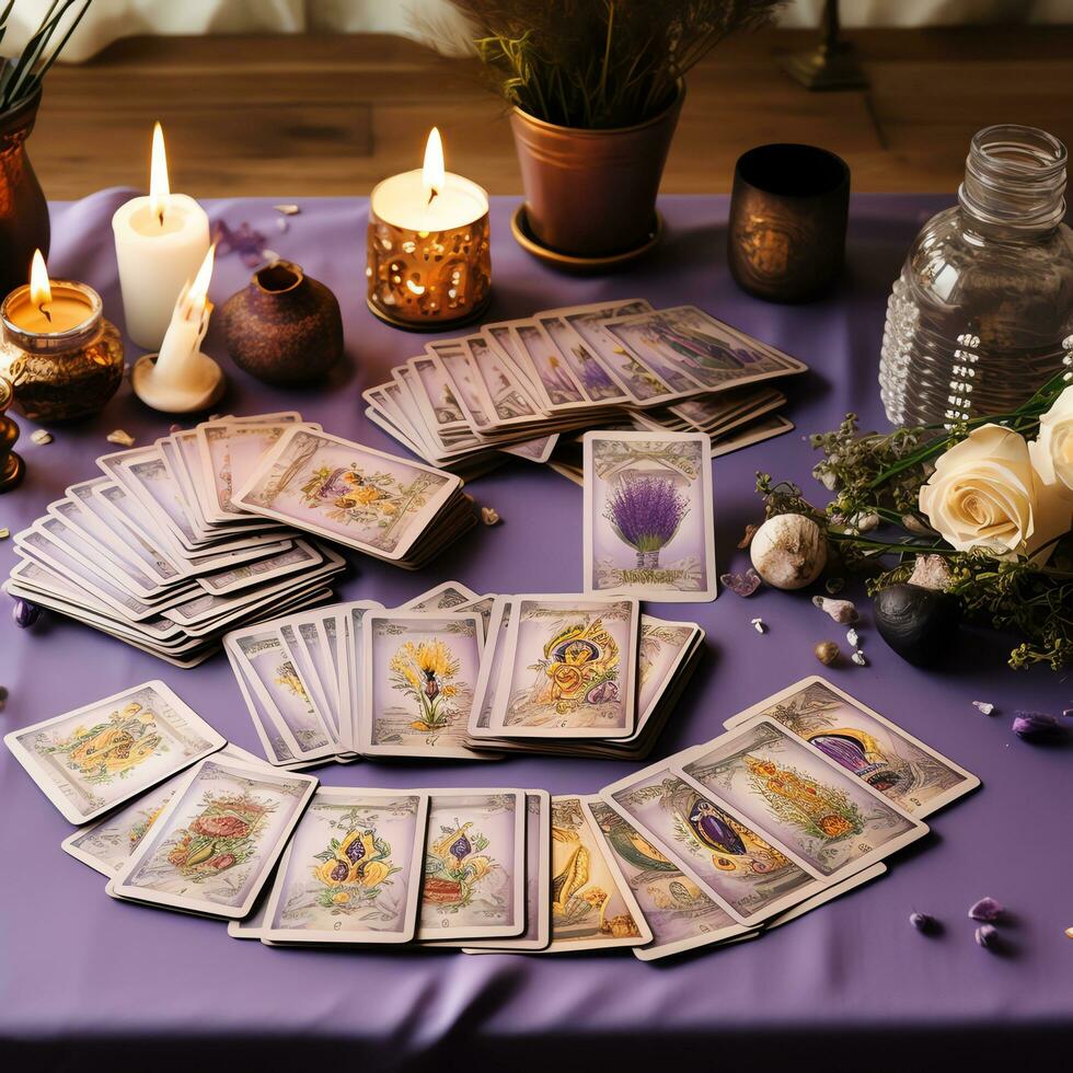 hermosa acuarela tarot tarjetas untado en un mesa digital papel escarlata basura diario clipart , ai generado foto