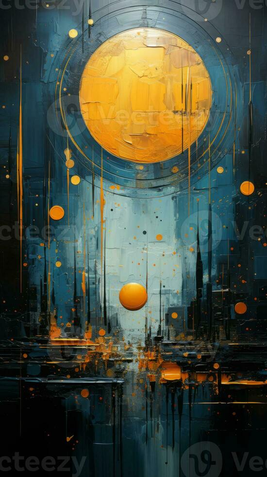 Abstract watercolor background with golden moon in the sky. AI Generated. photo