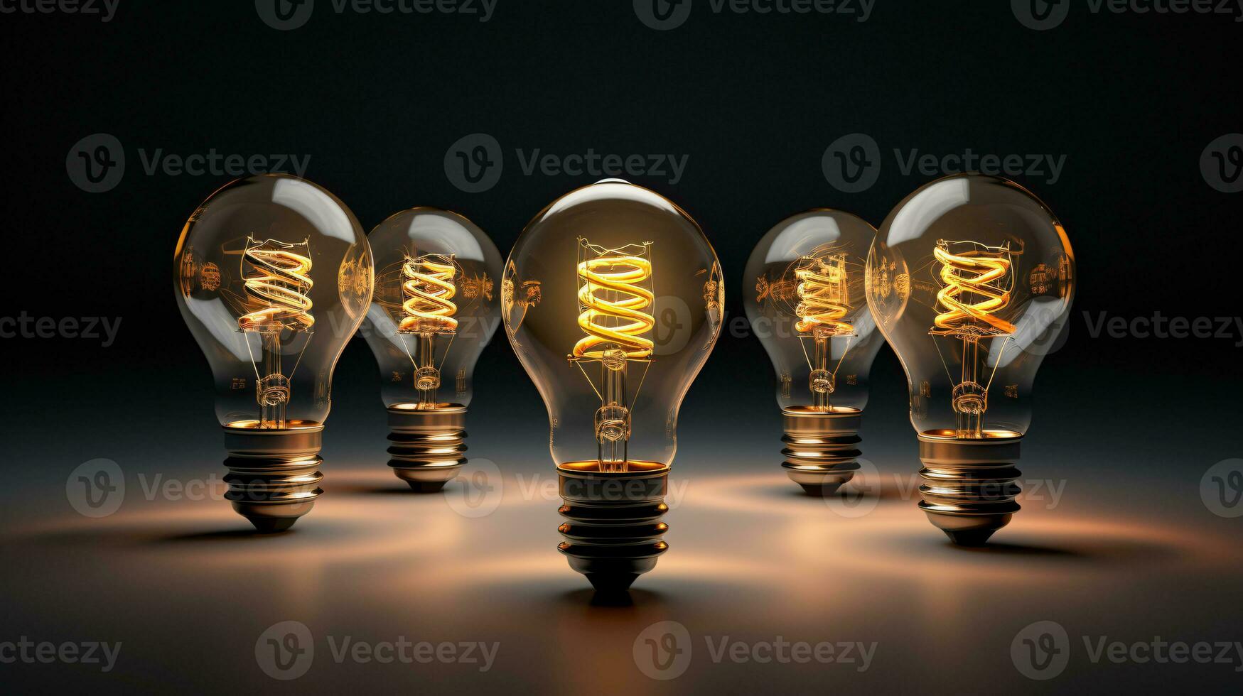 A series of electric light bulbs against a dark background. The concept of several attempts, one successful. A successful idea. ai generative photo