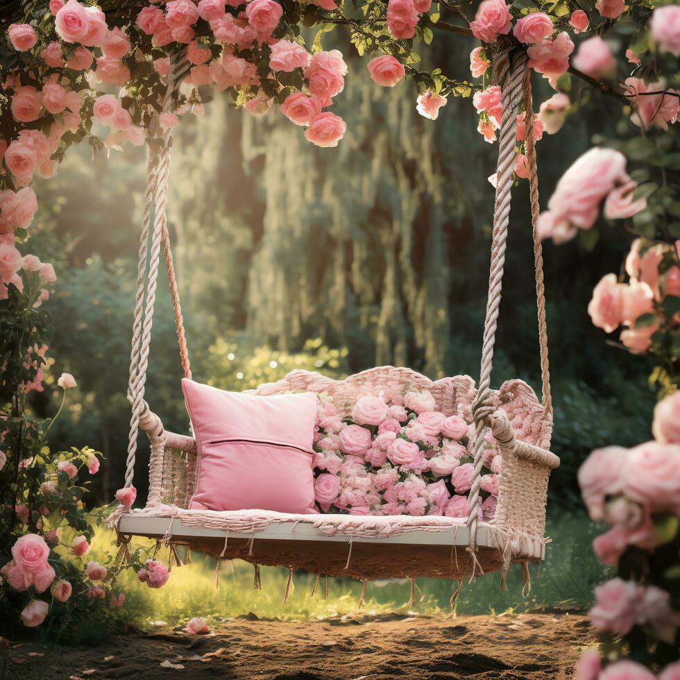 beautiful cottagecore swing in a garden with pink roses watercolor clipart illustration, AI Generated, AI Generated photo