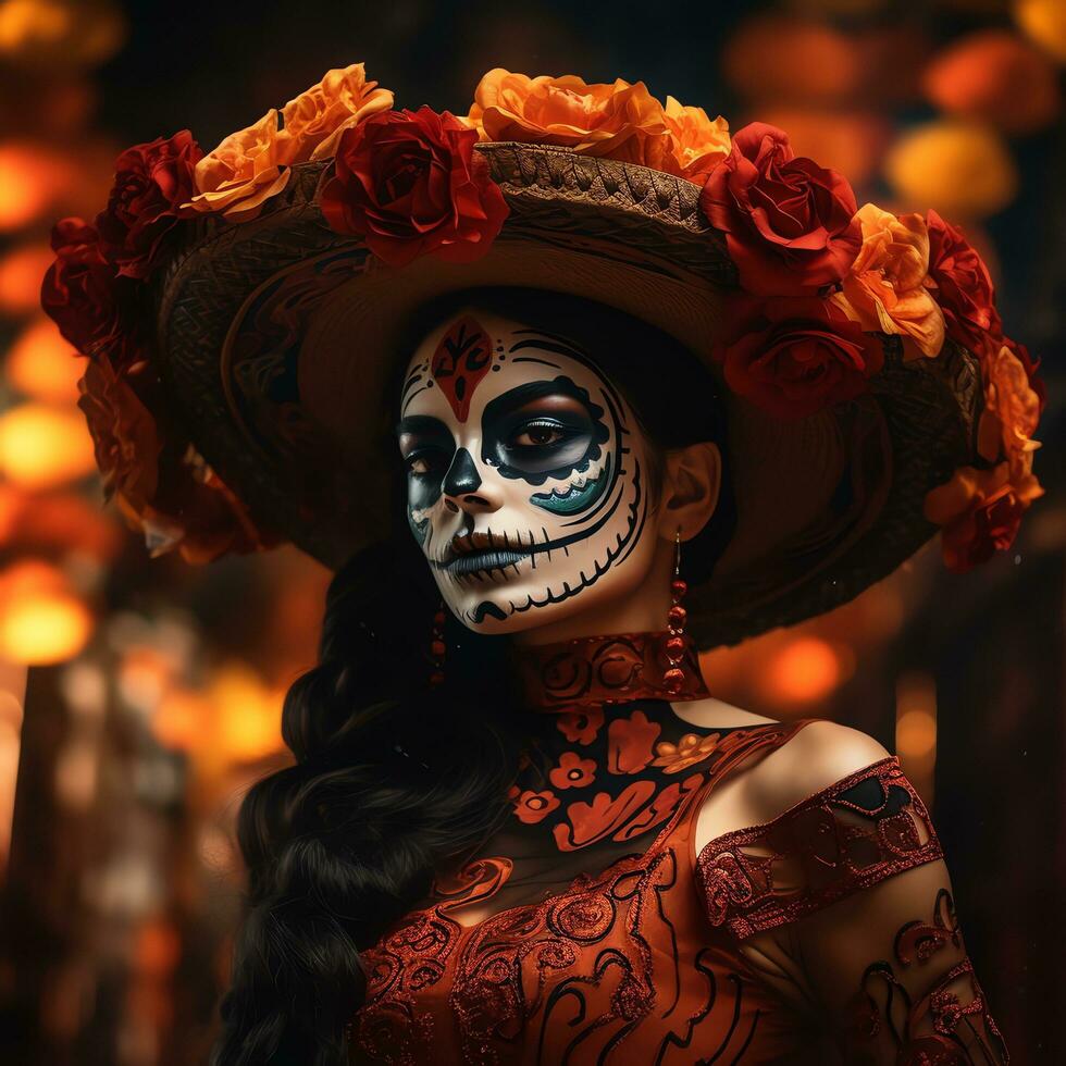 dia Delaware los muertos atuendo mexicano dia Delaware muertos día de el muerto acuarela patrón, ai generado foto