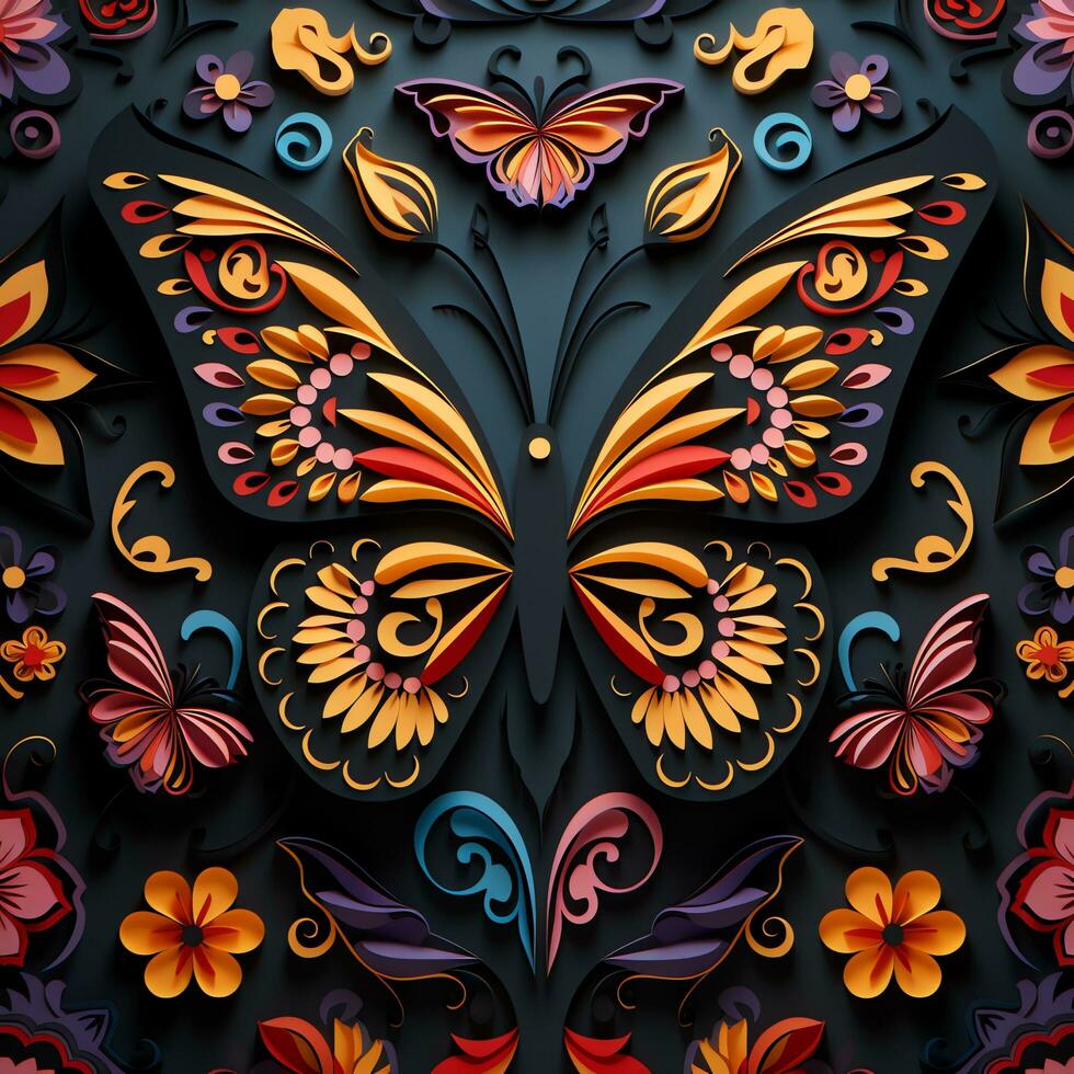 Paper butterfly mexican dia de muertos day of the dead watercolor pattern, AI Generated photo