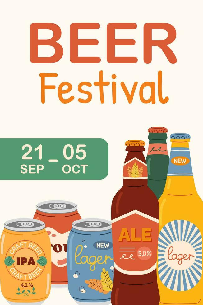 Event poster for beer festival. Colored hand drawn poster with different beer types in aluminum cans and glass bottles. vector