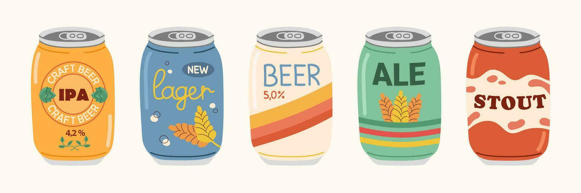 Set of beers in aluminum cans. Colored hand drawn illustration of different beer types, labels. Design elements for menu restaurant, pub. vector