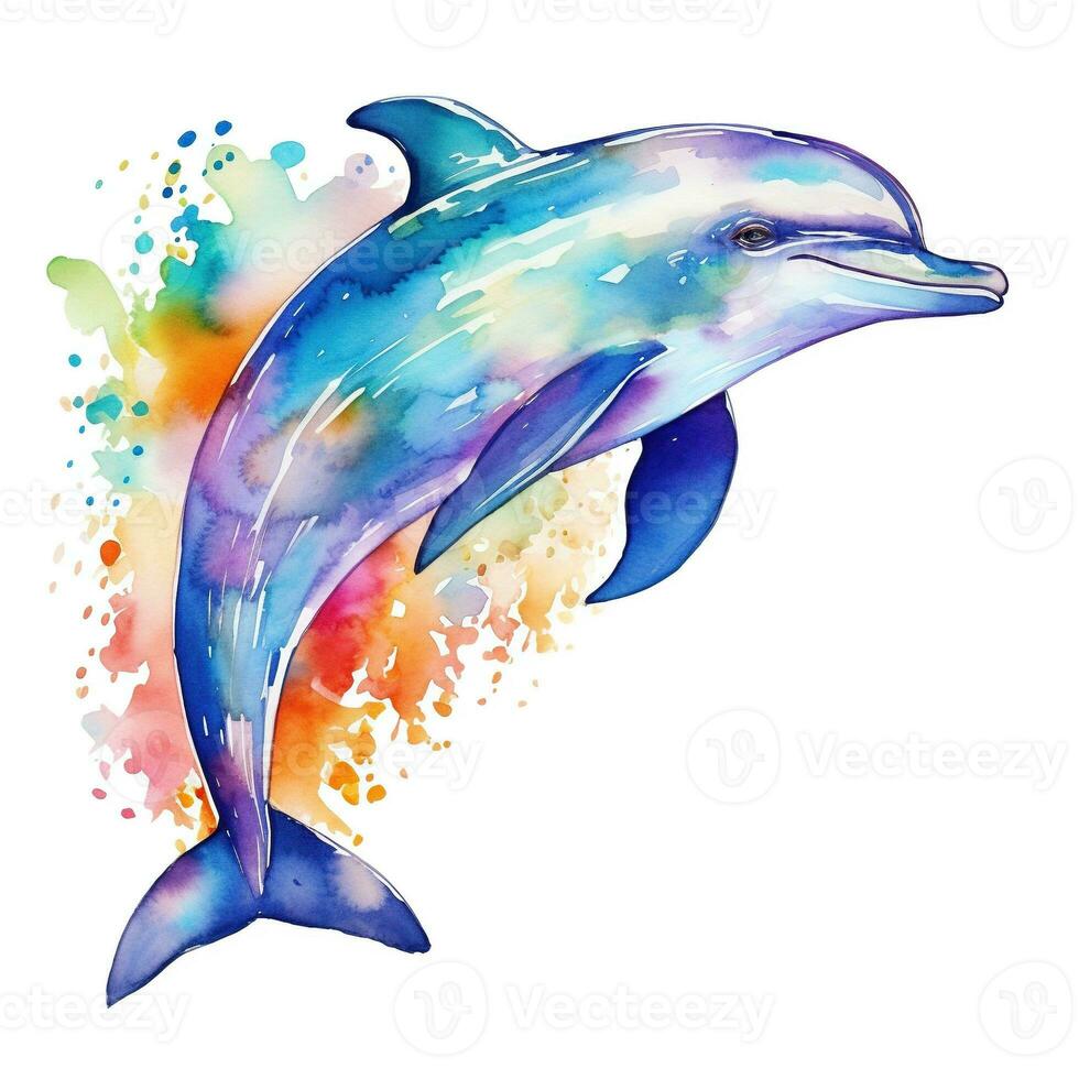 vistoso acuarela ilustración de un delfín. soltero elemento para diseño en un blanco antecedentes. clipart, pegatina, imagen. generativo ai foto