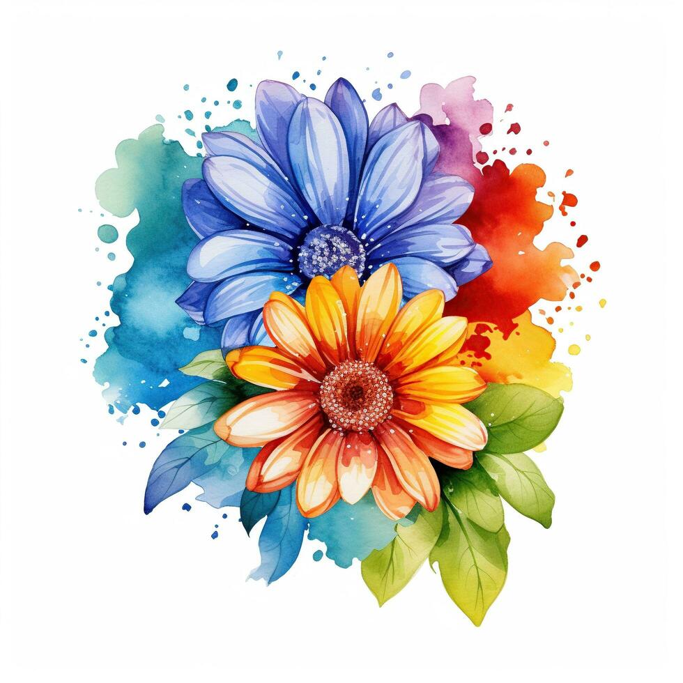Watercolor flower bouquet, bright rainbow illustration on a white background. Generative AI photo