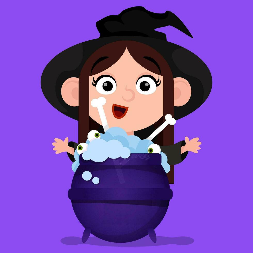 linda bruja personaje con un magia caldera con poción y huesos vector