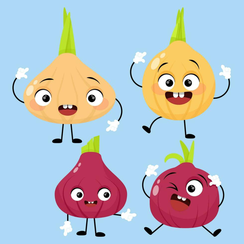 Set of green onion characters with emotions for World Vegan Day vector