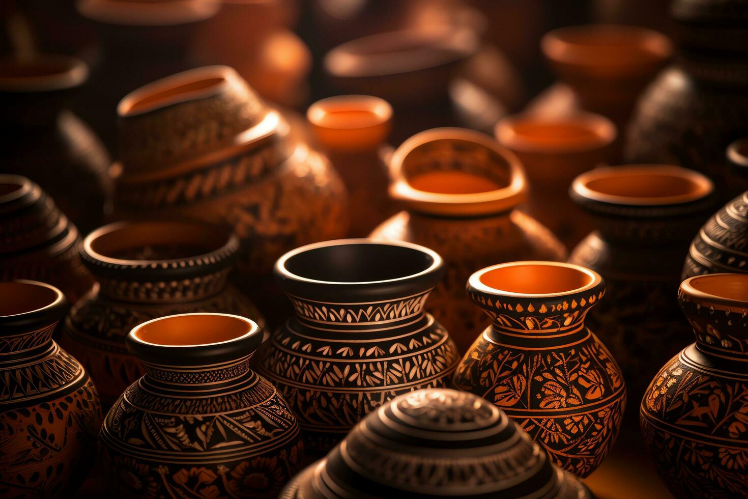 Clay pots and vessels diwali background, AI Generated photo