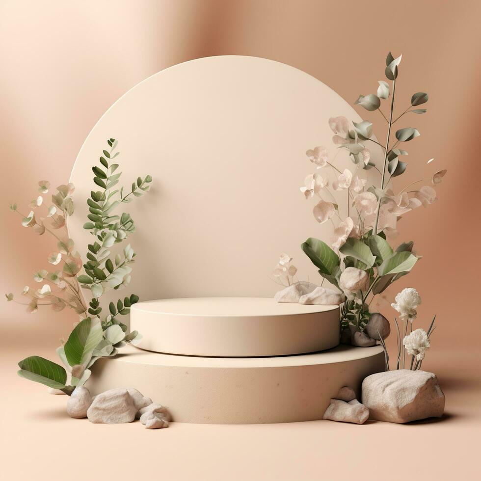 Empty podium made of pastel beige pink stone. Scene, stand with flowers. Generative AI photo