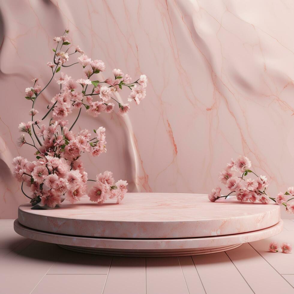 Pink marble podium with flowers. Generative AI photo
