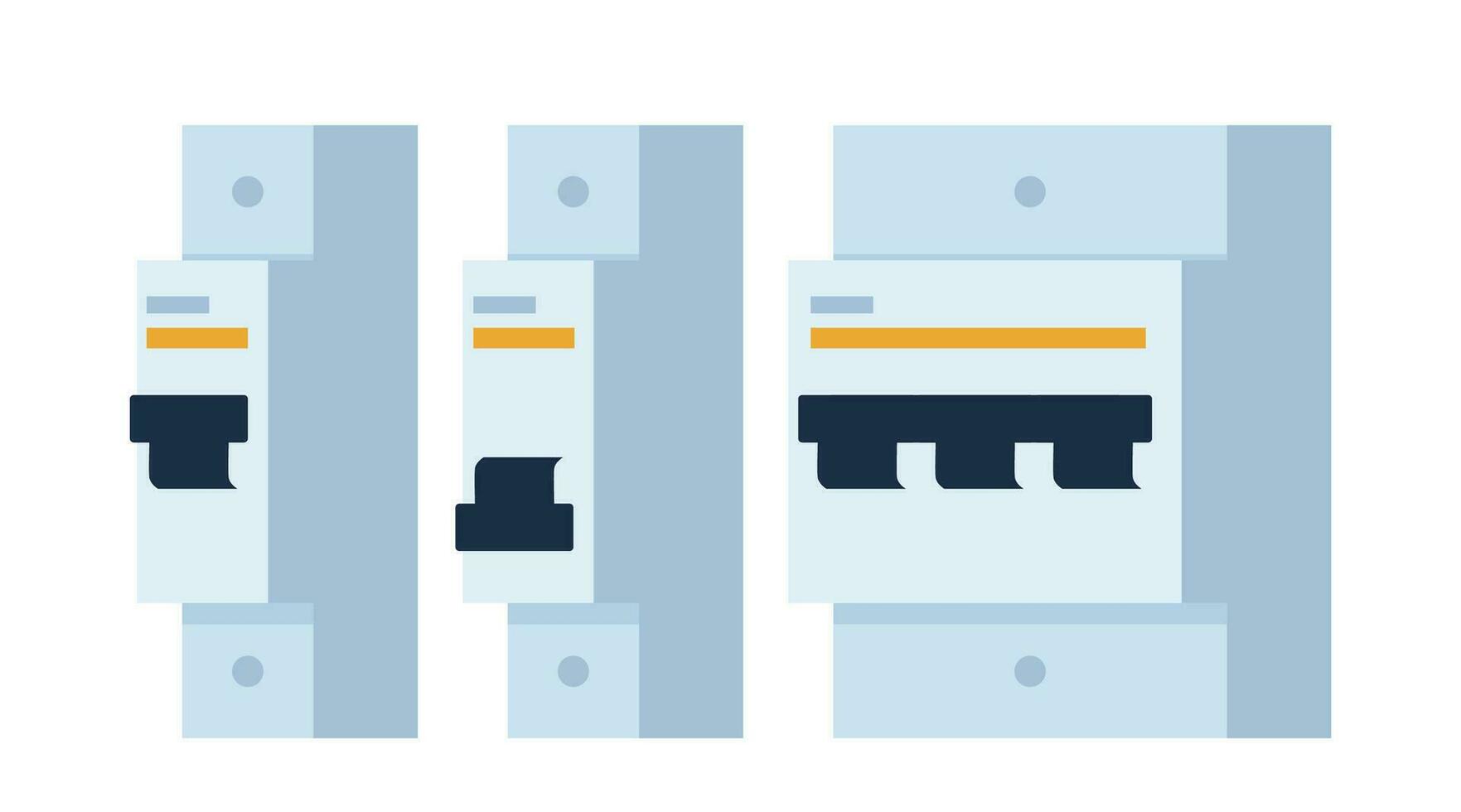 Automatic circuit breaker. Electric switches set. Fuse box. Types of fuses and components of electrical protection. Vector illustration.