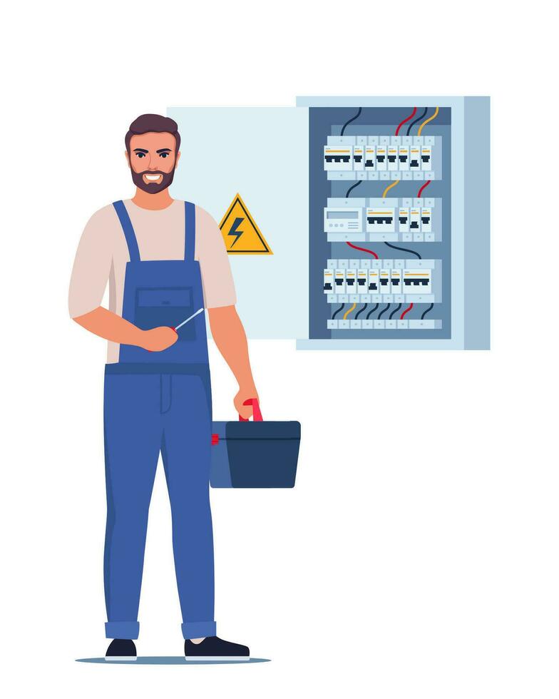 Electrician worker check and repair electrical switchboard. Home Repairman, Electrical Safety Concept. Vector illustration.