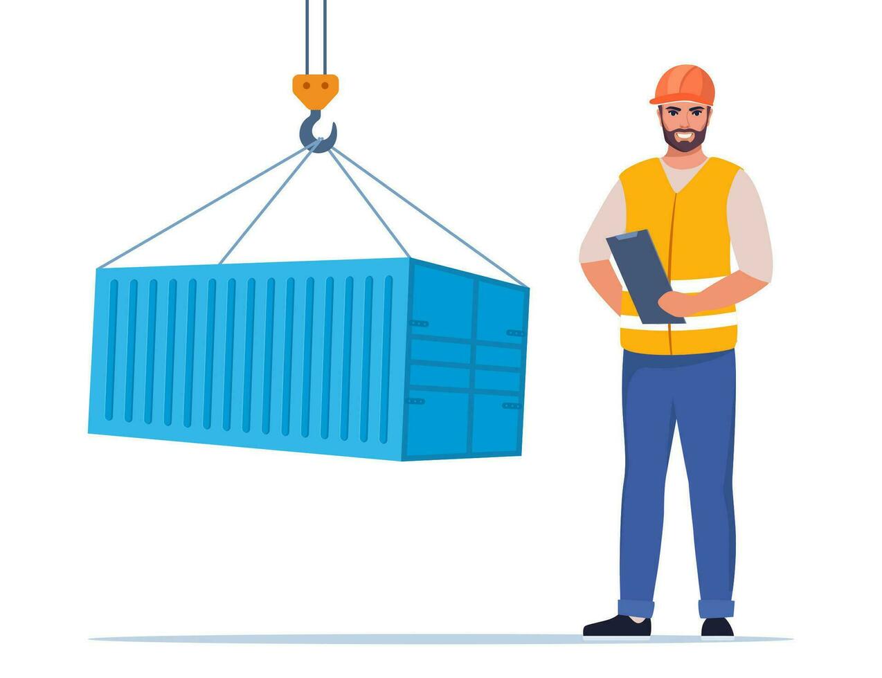 Loading freight container by crane. Man engineer. Construction Worker in uniform and orange protective helmet, holding clipboard with checklist. Head of construction works. Vector illustration.
