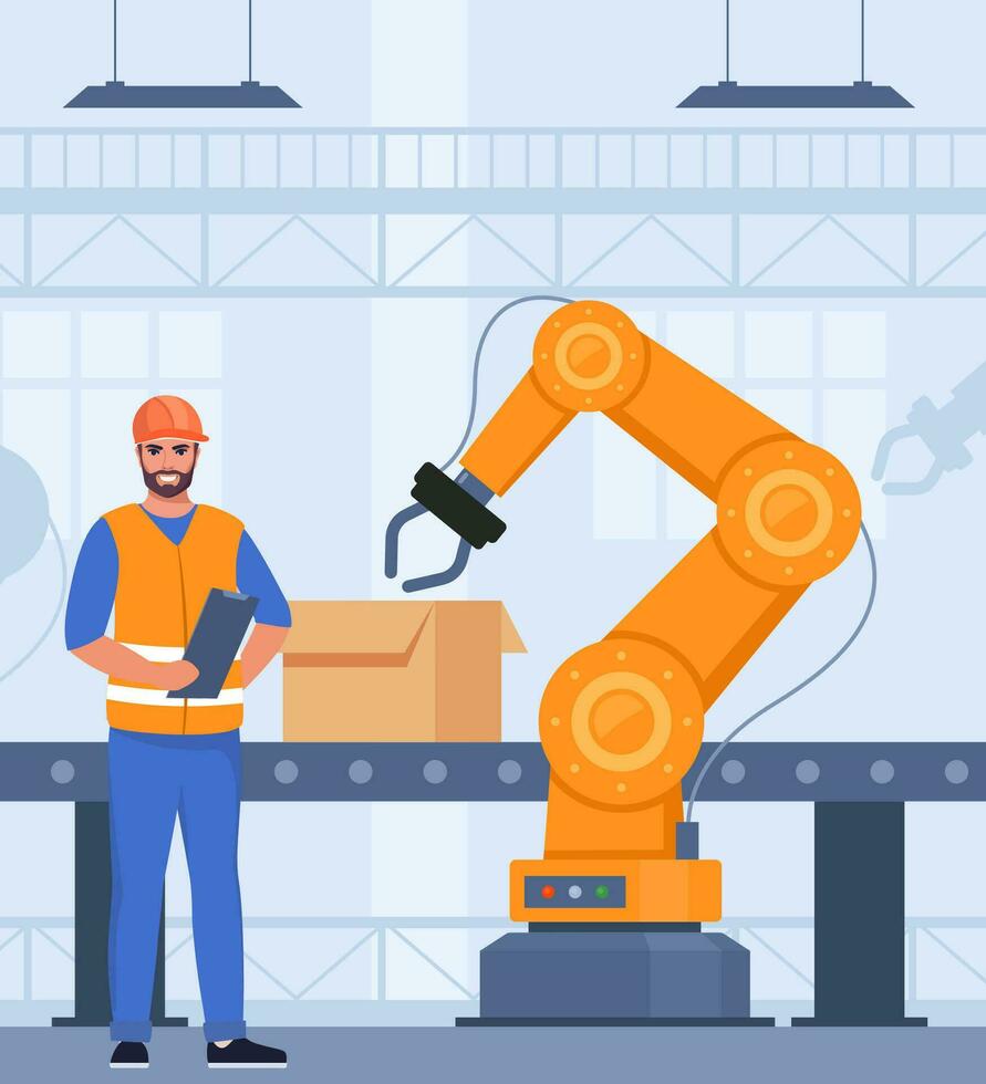 Automation production line with robot technologies. Engineer in orange vest and protective helmet controls the process. Robotic arms collect goods in boxes. Vector illustration.