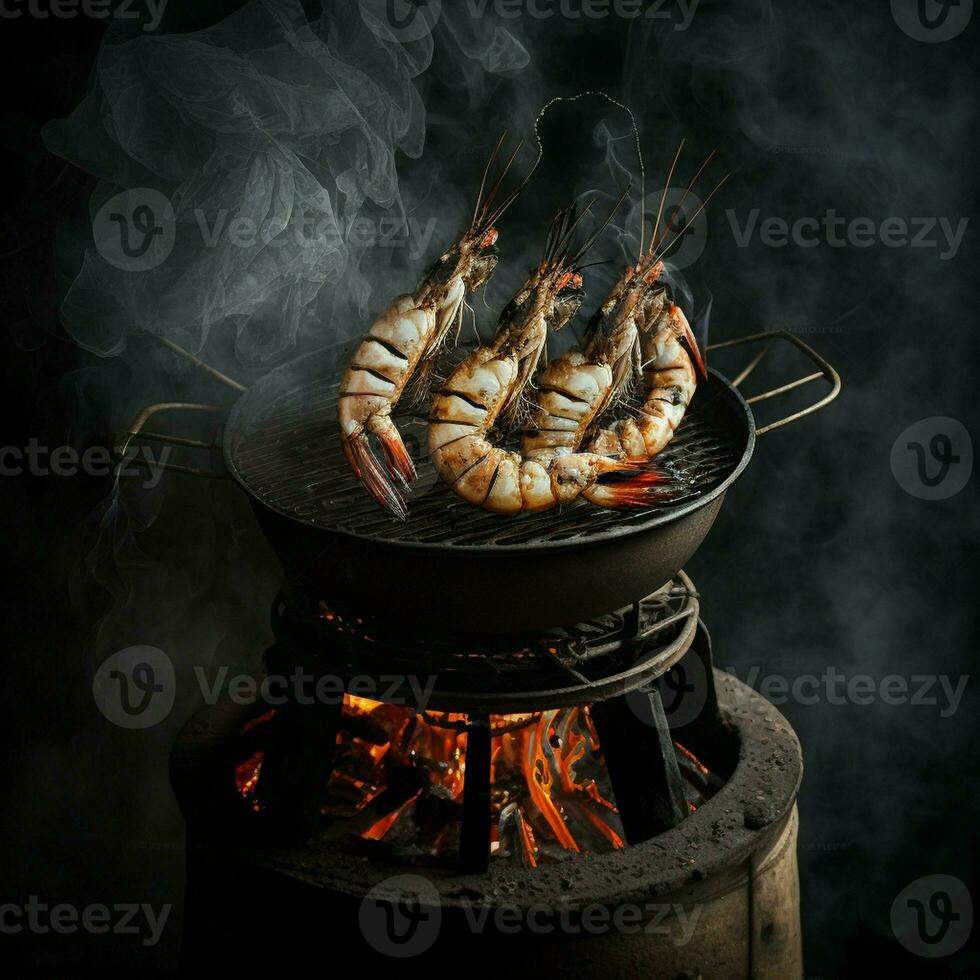 We grilled some fresh shrimp on hot charcoal using an old stove. The background was black. AI Generative photo