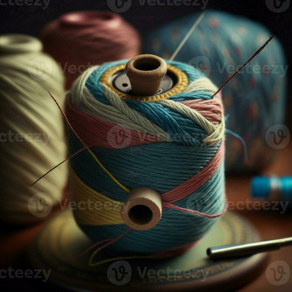 Thread and needle close-up view color yarn, dexterity, handicraft sewing, bobbin, spinning. AI Generative photo