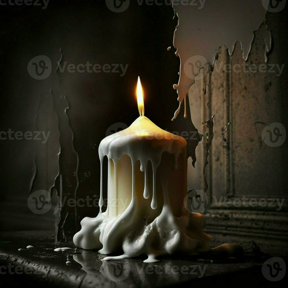 white wax candle burning dripping, flowing in black or dark light fire burn old building background. AI Generative photo