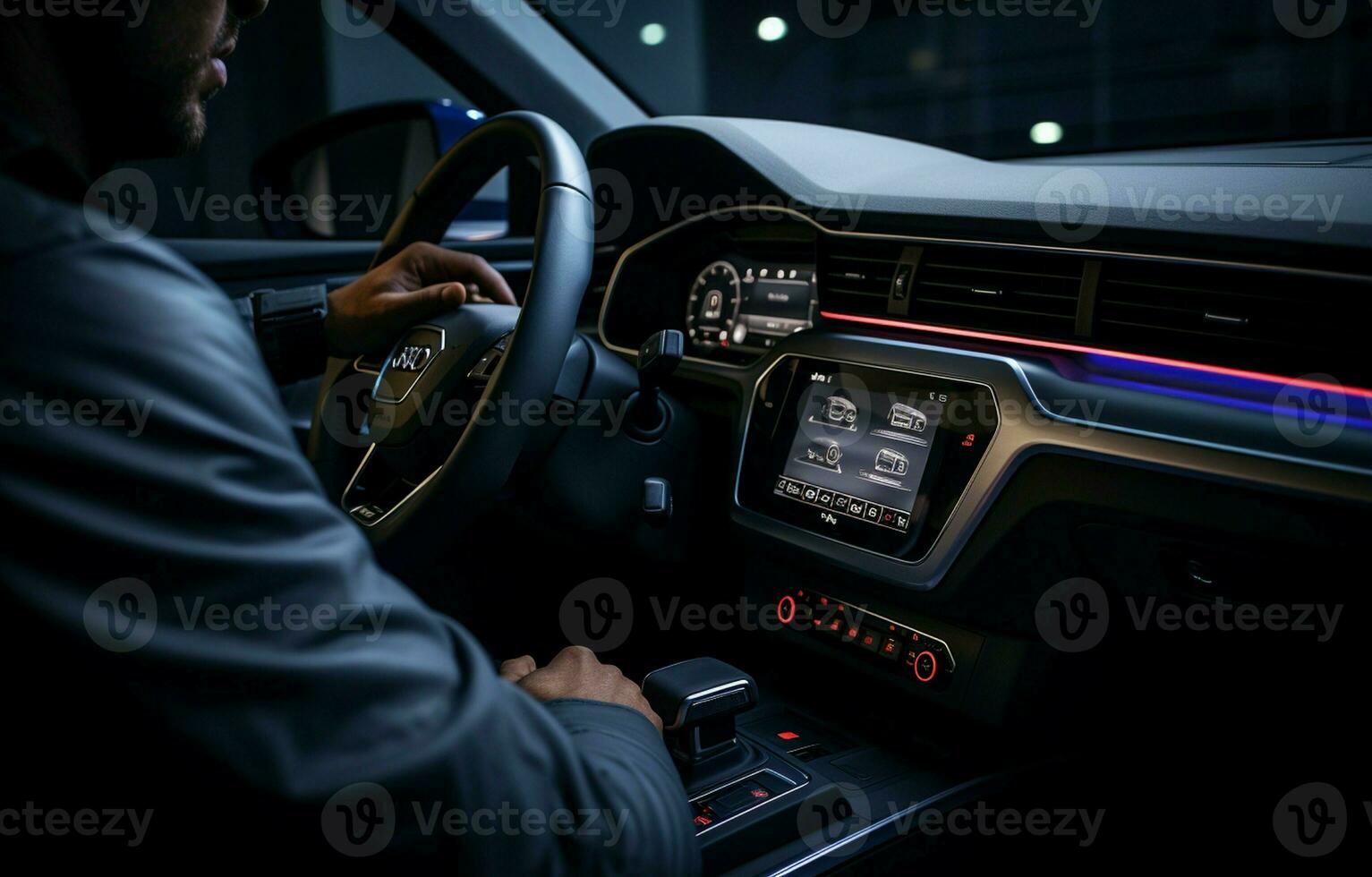 Man driving a luxury vehicle describing the start-stop, and selecting the climate control in an electric vehicle. Man controlling the air conditioning temperature in an automobile. AI Generative photo