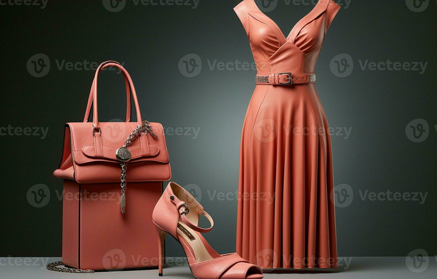 Red heels and a salmon dress. On the table are female evening outfits. Salmon dress with chain belt. Handbag and shoes in gleaming leather. AI Generative photo