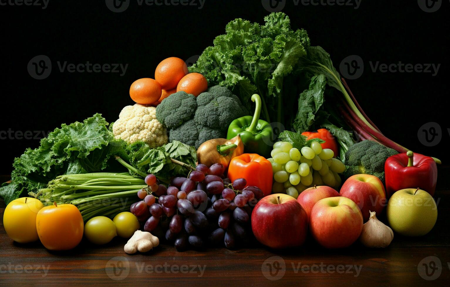 On the left side of the table, with copy space, is a balanced arrangement of vibrantly colored, perfectly ripe fruits and vegetables. AI Generative photo