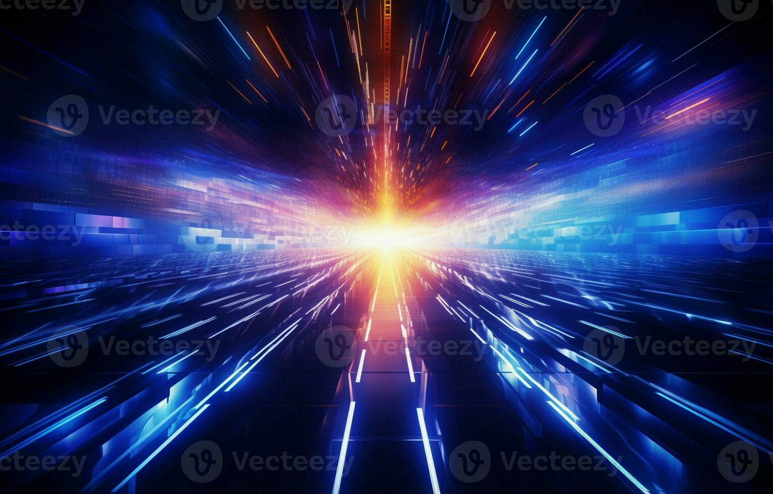 Abstract futuristic technological background with network, huge data, server, internet, and speed lines. into a tunnel of modern technology, abstract neon lights. AI Generative photo