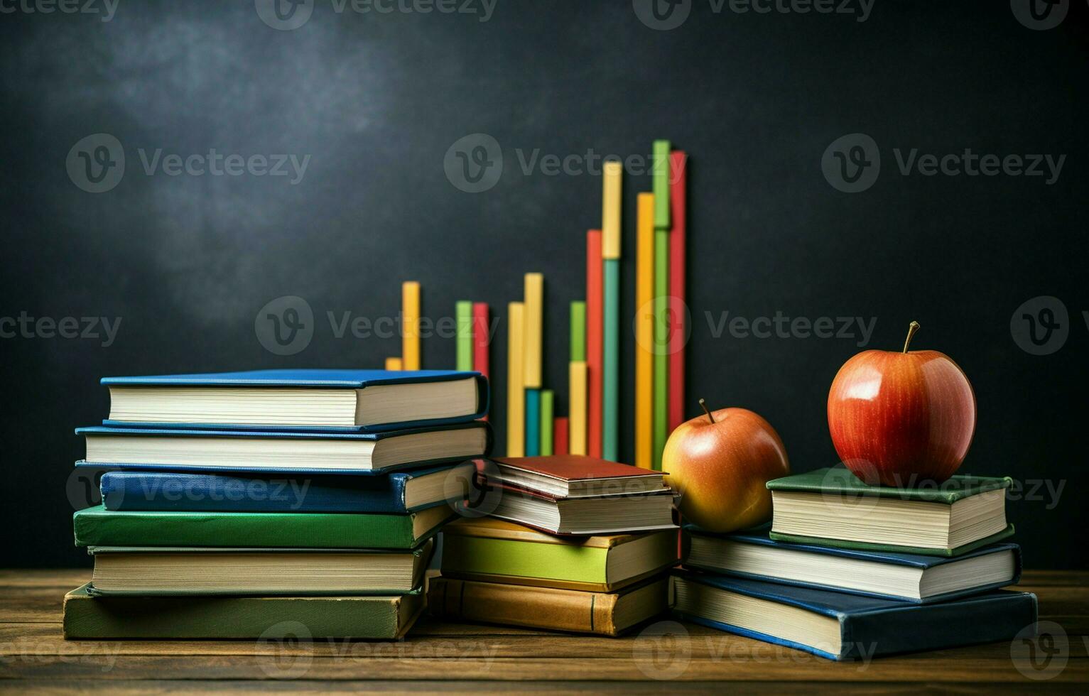 Books on the table against a backdrop of chalkboard graphs and charts depicting growth and fall. School of business education. AI Generative photo