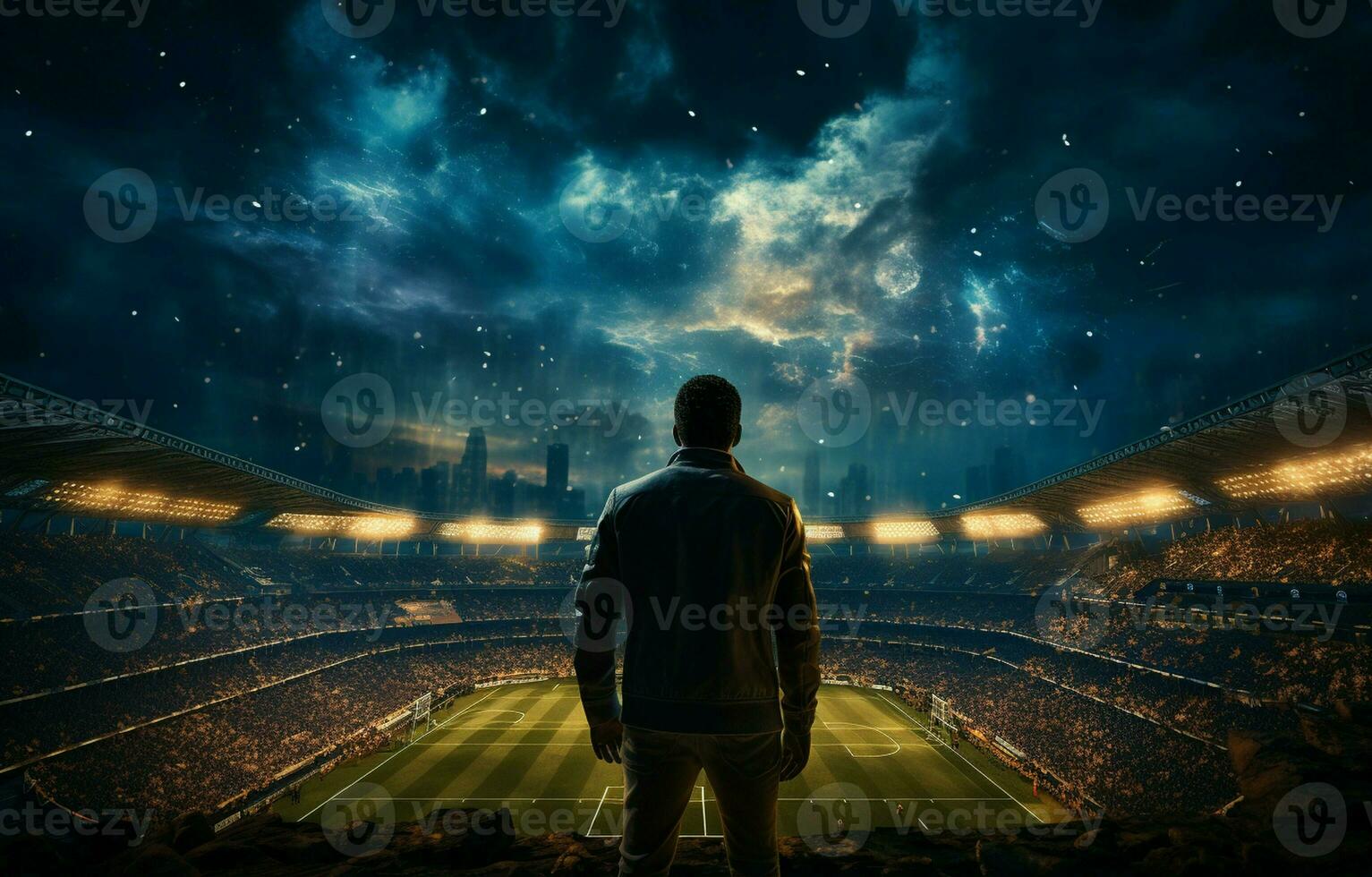 There is a football player in a stadium. The stadium is a digital creation that has been modeled and rendered. AI Generative photo