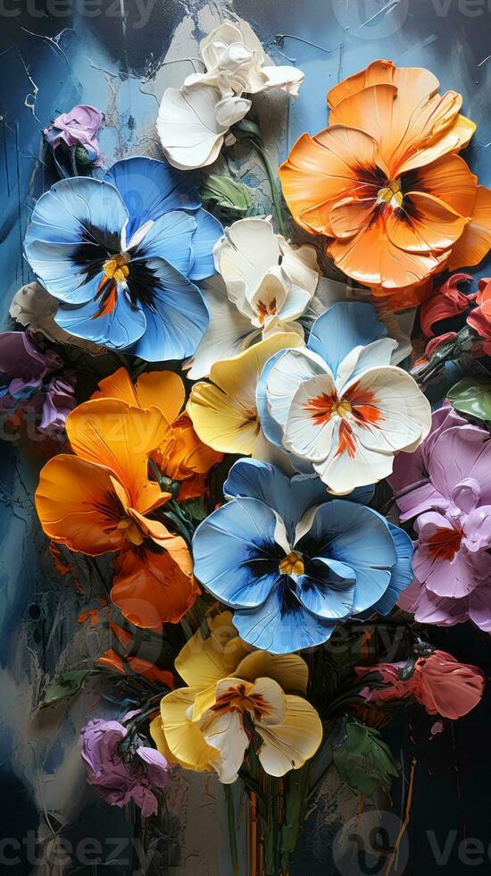 petróleo pintura flores en lienzo. vistoso floral antecedentes. ai generado. foto