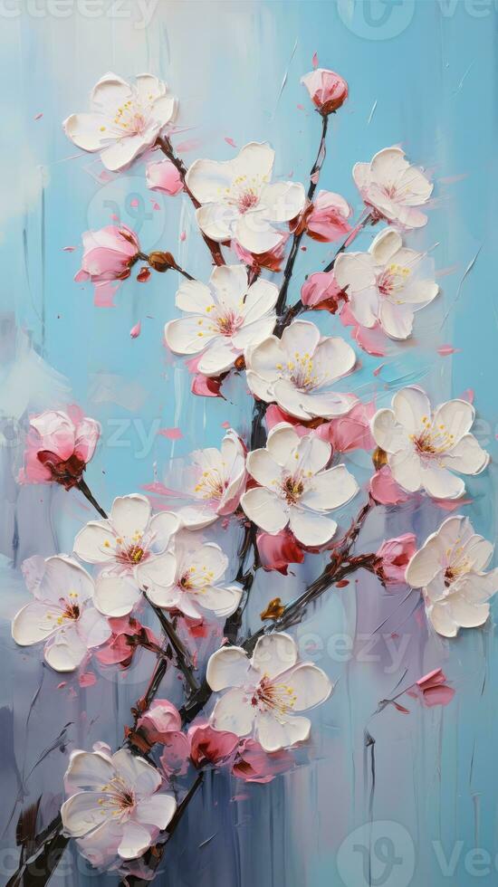 Oil painting flowers on canvas. Colorful floral background. AI Generated. photo