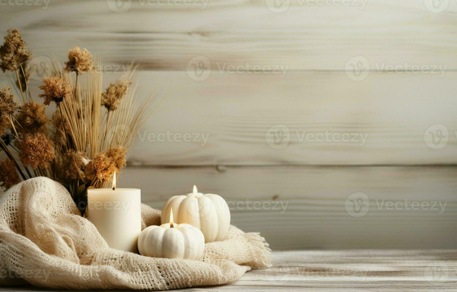 blanco calabazas, un suéter, un vela, y natural decoración crear un acogedor otoño esquina borde. aéreo perspectiva en un rústico blanco madera bandera antecedentes. ai generativo foto